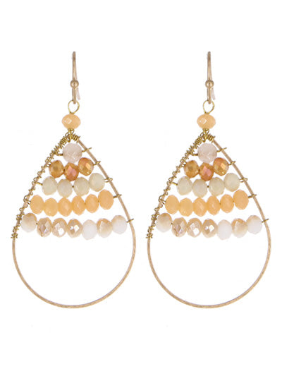 Gold Teardrop Earrings w/ White & Champagne Faceted Beading