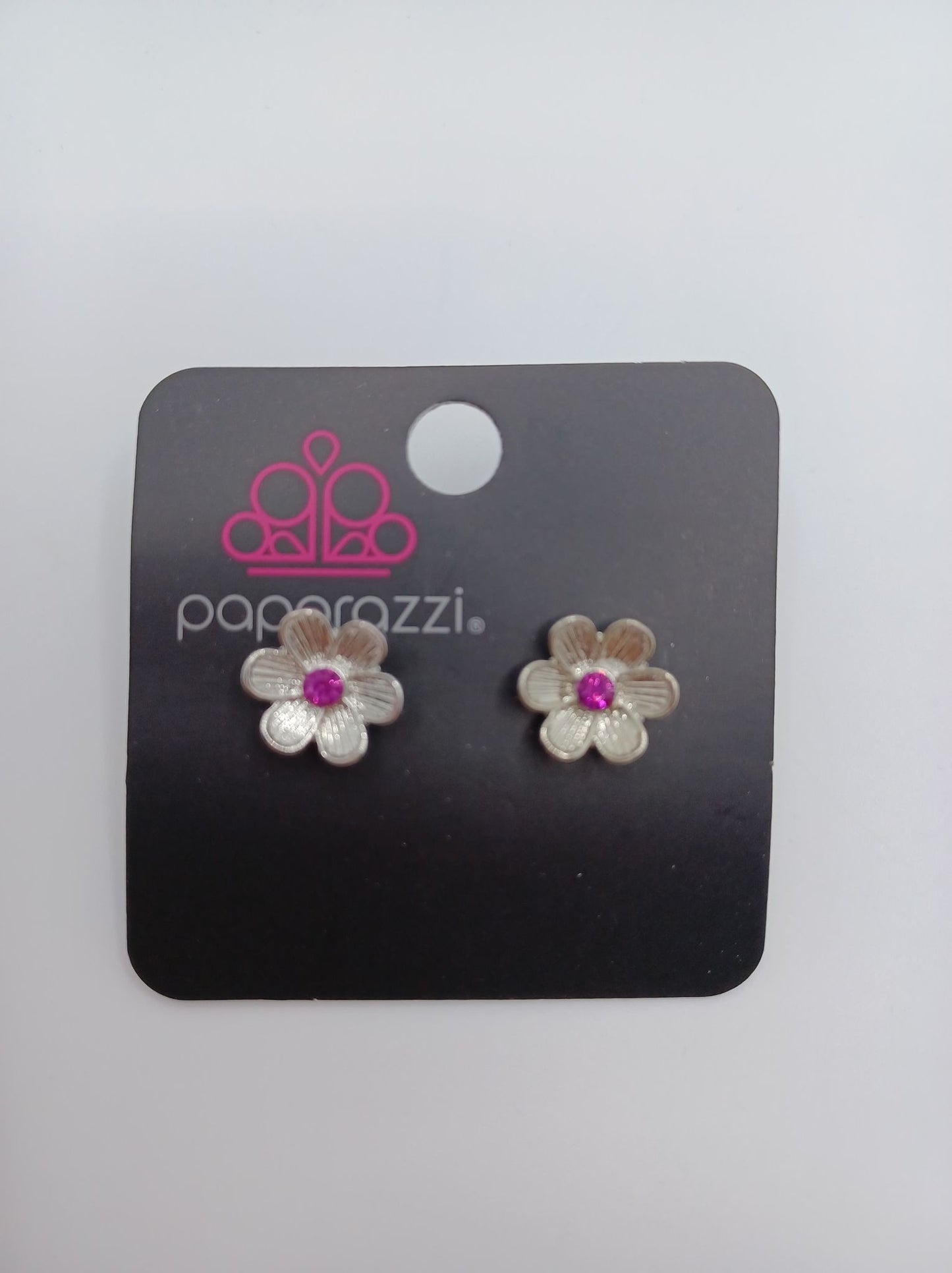 Silver Flower Earrings w/ Red Rhinestone Center
