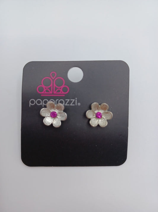 Silver Flower Earrings w/ Red Rhinestone Center