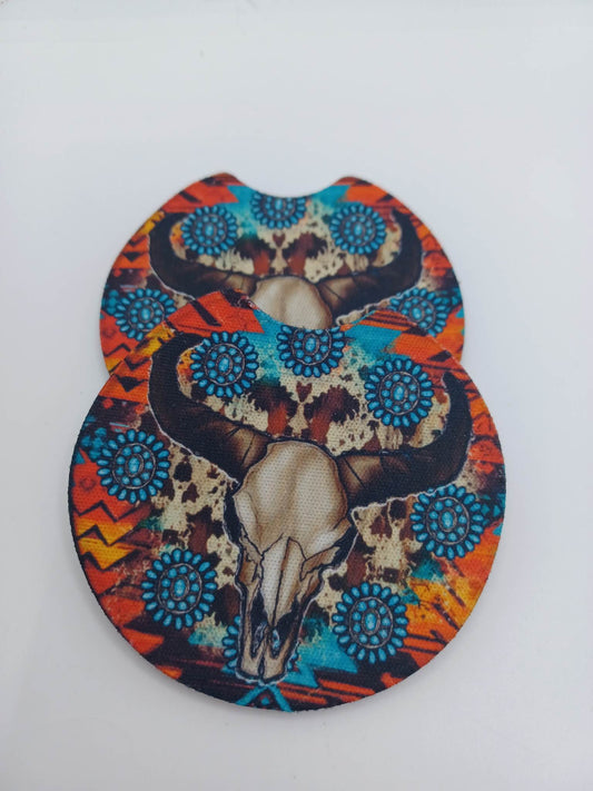 Bull Skull w/ Turquoise Car Coaster Set
