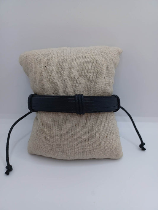 Black Leather Style Bracelet w/ Black Twine