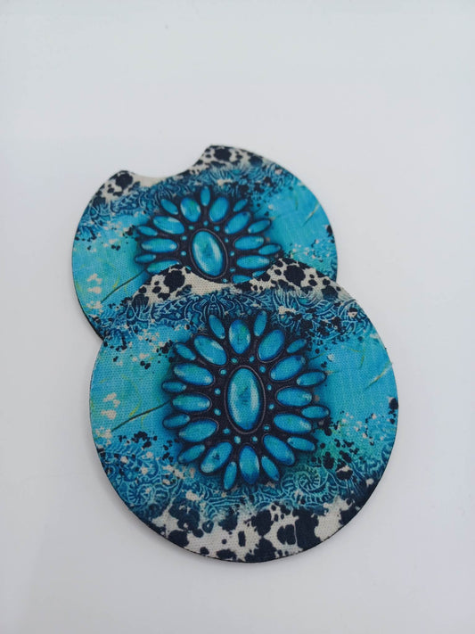 Turquoise Cactus Blossom w/ Cow Print Car Coaster Set
