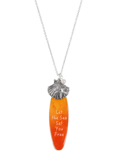 "Let the Sea Set You Free" Surfboard Necklace w/ Shell Charm