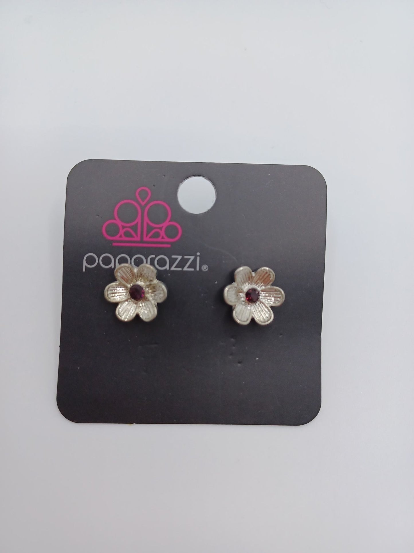 Silver Flower Earrings w/ Purple Rhinestone Center