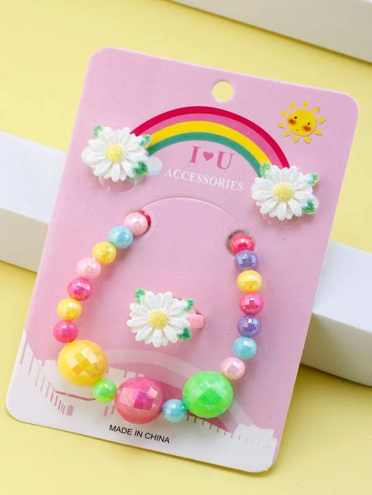 White Daisy Bracelet, Earrings, & Ring Set