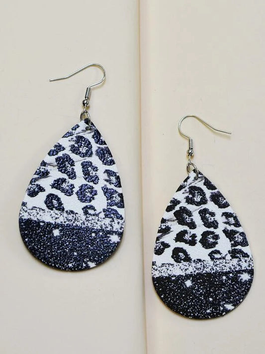Grey, White, & Black Leopard Leather Style Earrings