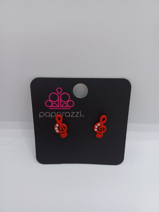 Red Music Note Earrings w/ Rhinestone Accents