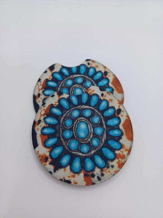 Turquoise Cactus Blossom w/ Cow Print Car Coaster Set