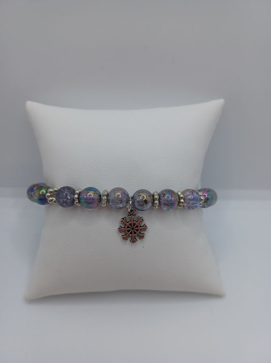 Grey Iridescent Beaded Bracelet w/ Snowflake Charm