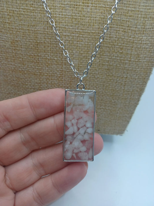 Silver Necklace w/ White Stone Acrylic Pendant