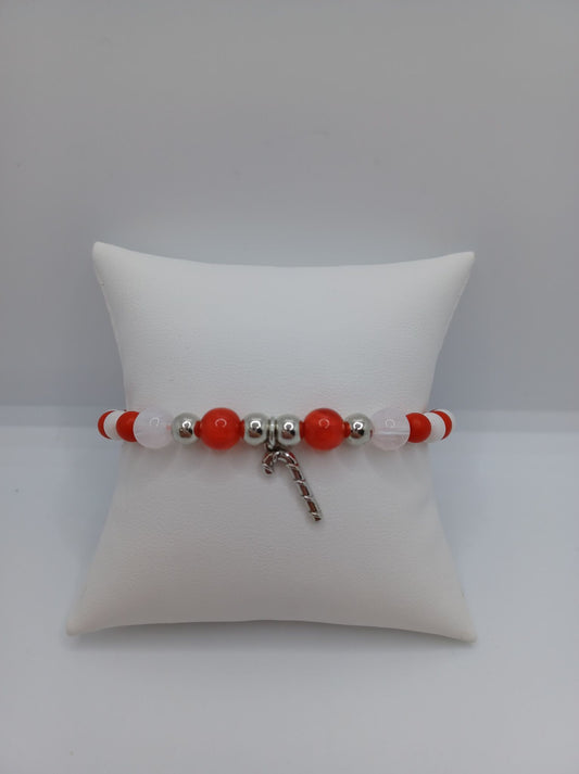 Red & White Beaded Bracelet w/ Candy Cane Charm
