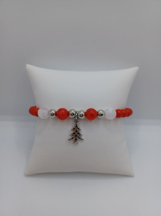 Red & White Beaded Bracelet w/ Christmas Tree Charm