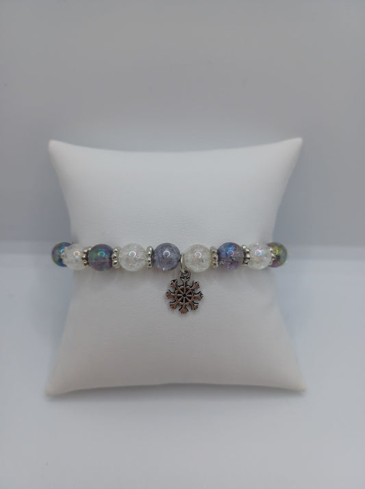 White & Grey Iridescent Beaded Bracelet w/ Snowflake Charm