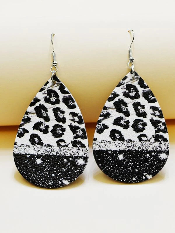 Grey, White, & Black Leopard Leather Style Earrings