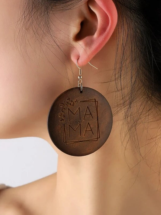 Brown Wooden "Mama" Earrings