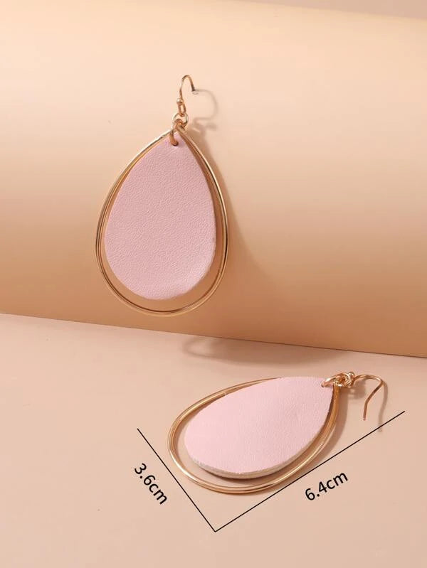 Gold Teardrop Shaped Earring w/ Pink Leather Style