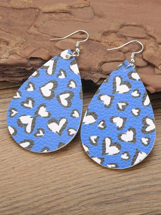 Blue Heart Printed Leather Style Earrings