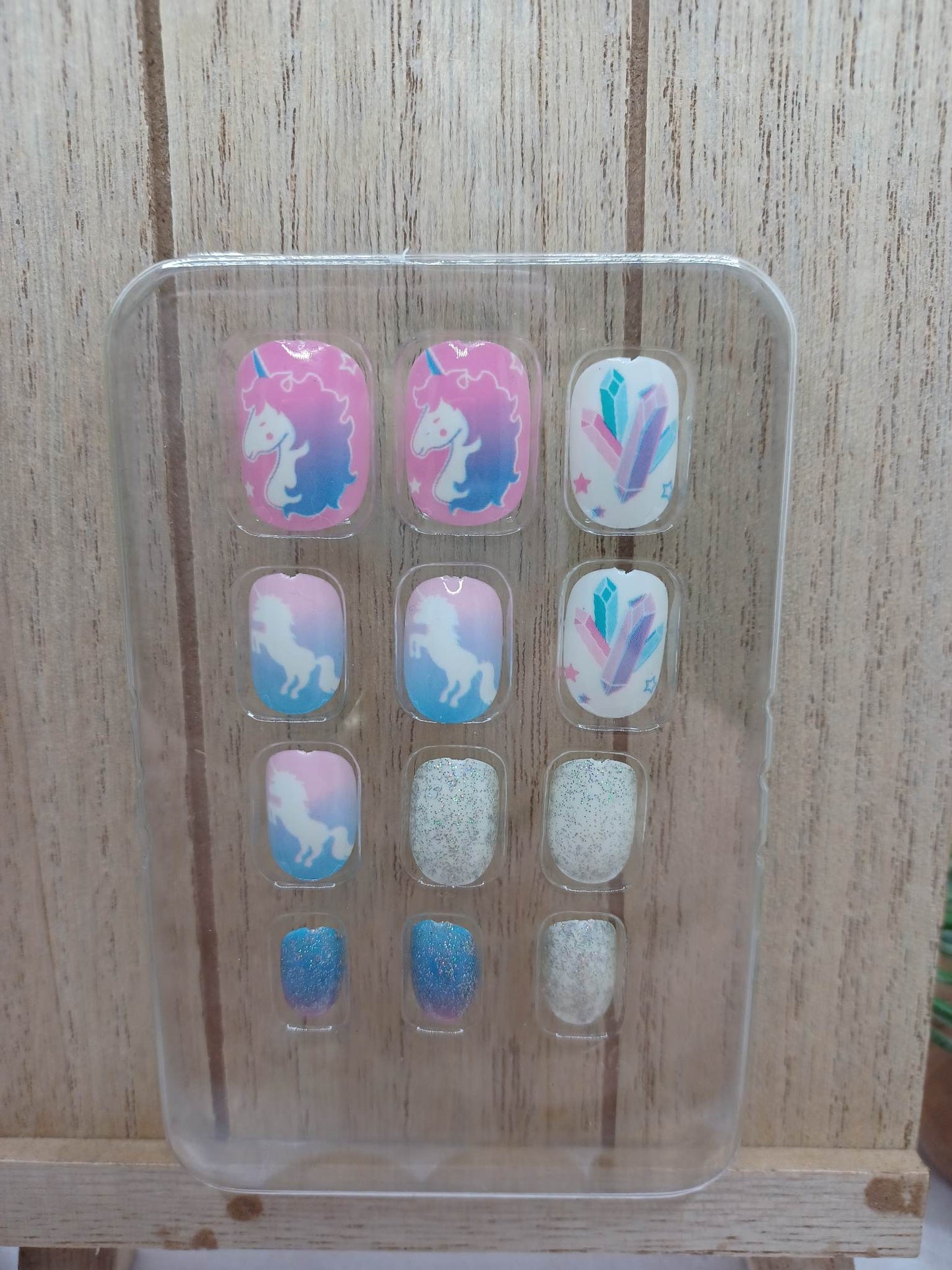 Pink & Blue Unicorn Little Girls Nails w/ White Glitter