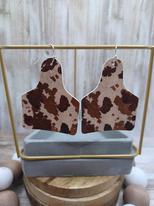 Brown & Tan Cow Print Tag Cutout Leather Style Earrings