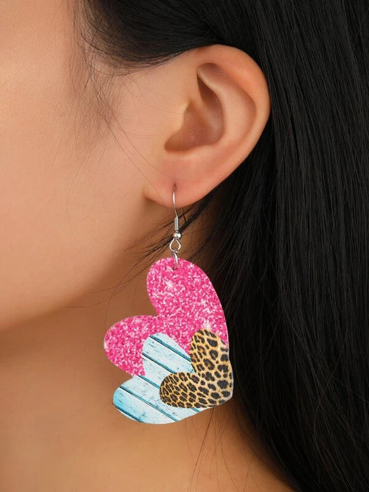 Pink, Turquoise, and Leopard Leather Style Heart Earrings