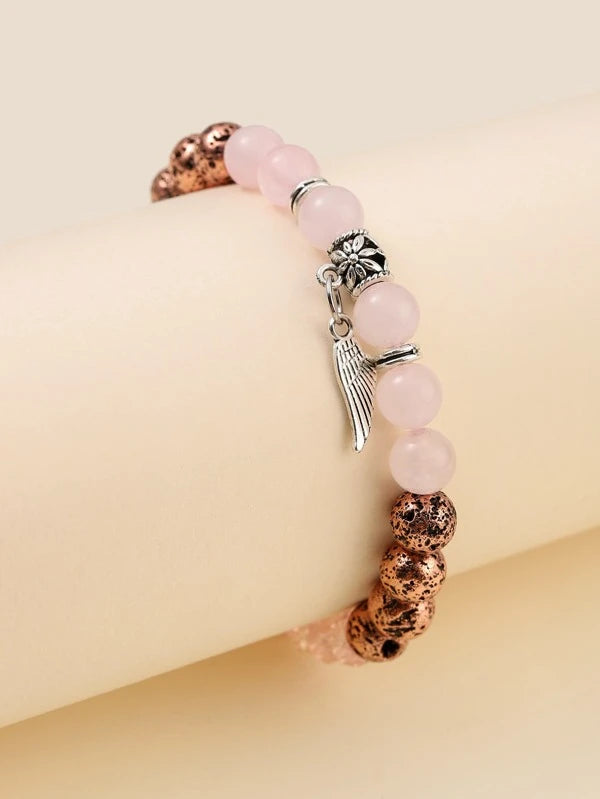 Pink Beaded Bracelet with Wing Charm