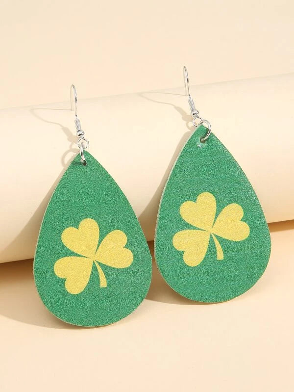 Green w/ Yellow Shamrock Leather Style Earrings