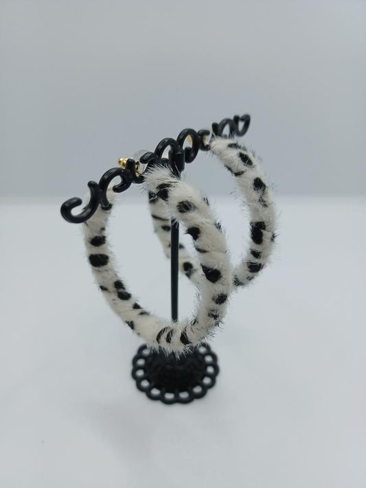 White Cow Print Faux Fur Hoop Earrings