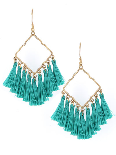 Gold Diamond Shaped Earrings w/ Teal Tassels