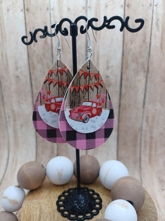 Red Truck w/ Hearts on Pink Plaid Earrings