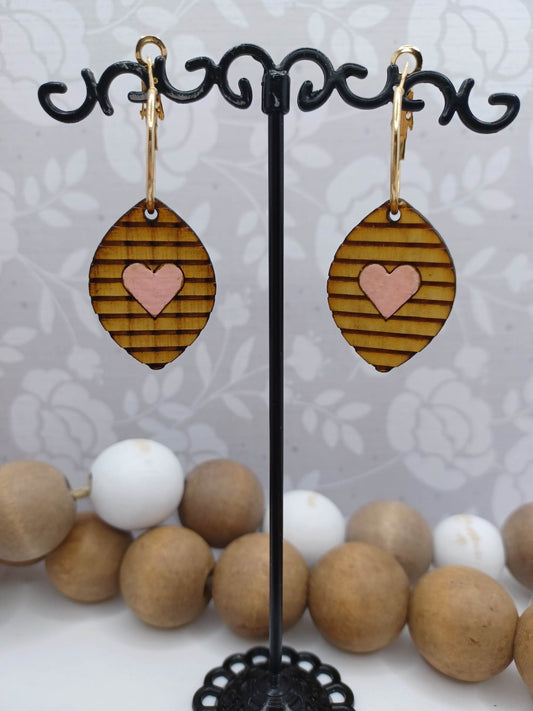 Wooden Earrings w/ Pink Heart