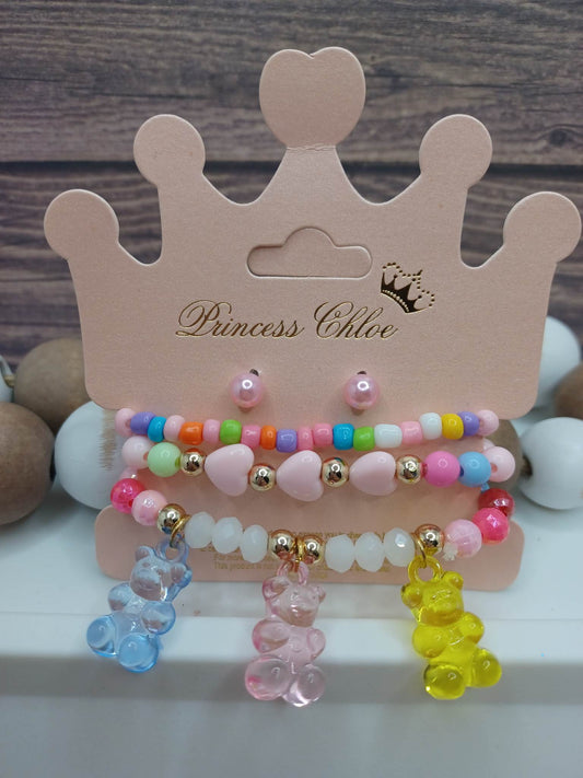 Earring & Bracelet Set w/ Blue, Pink, & Yellow Bears