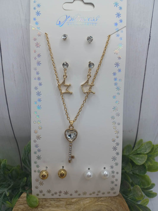 Gold Key Necklace & Earrings Set w/ Princess Crown Earrings