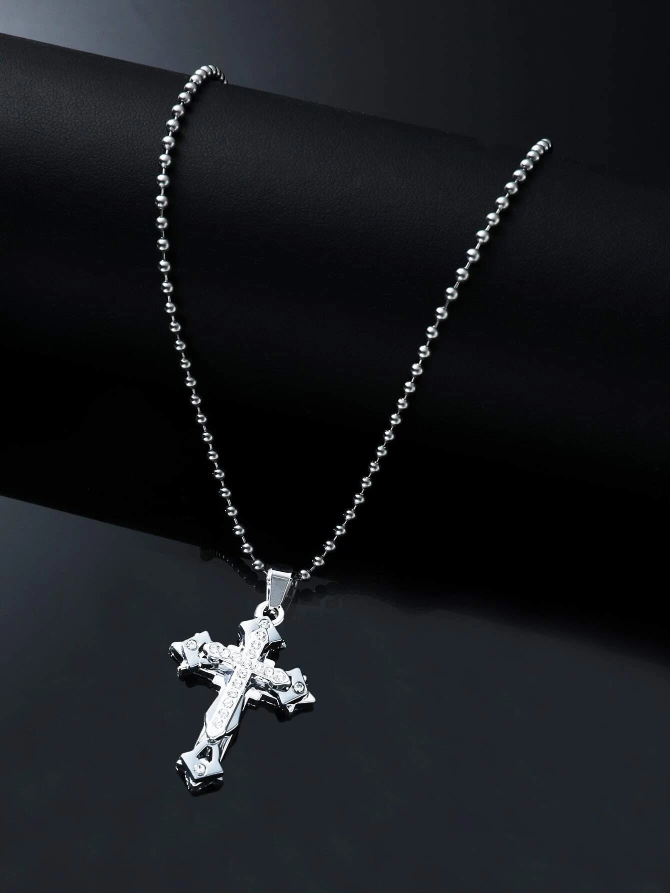 Silver Cross Necklace w/ Rhinestones