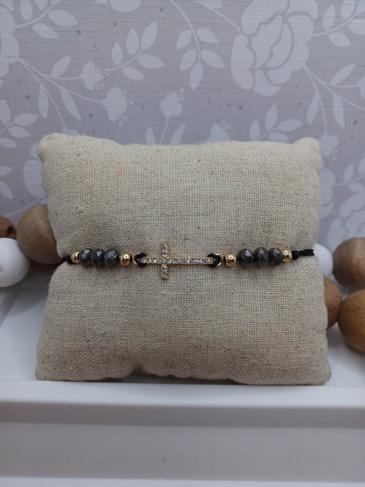 Deep Grey Beaded Cross Bracelet