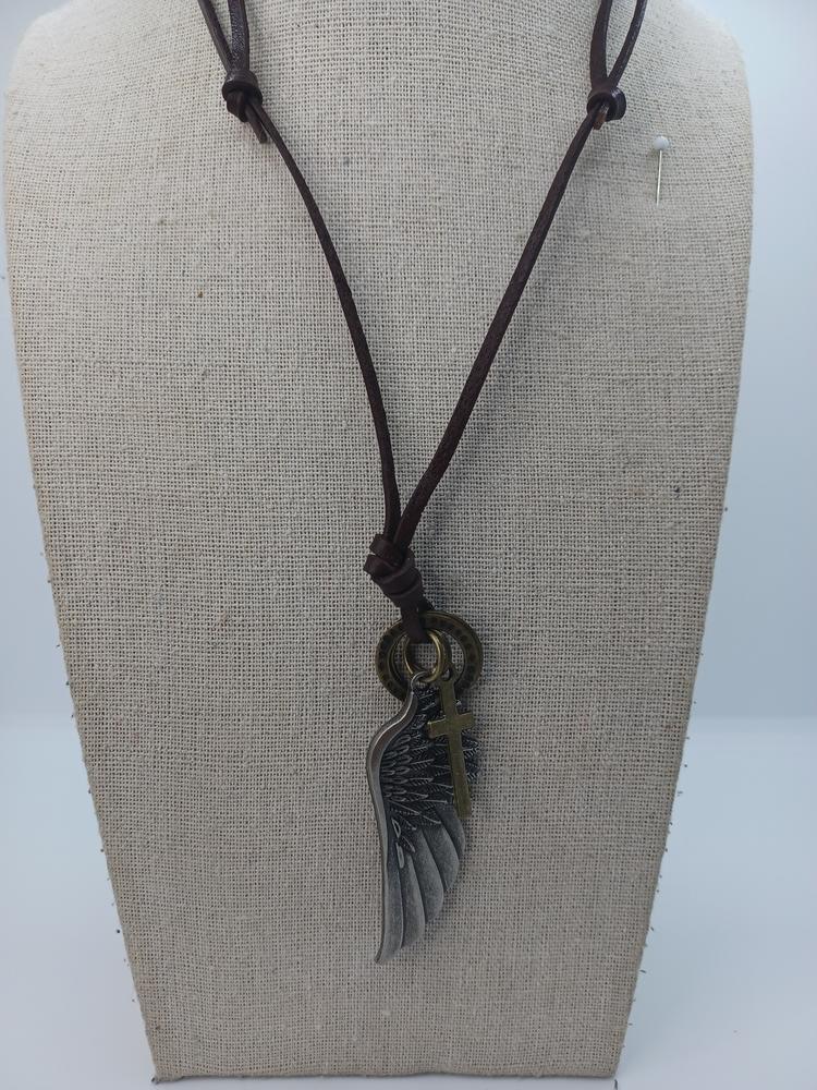 Silver Angel Wing Leather Adjustable Necklace