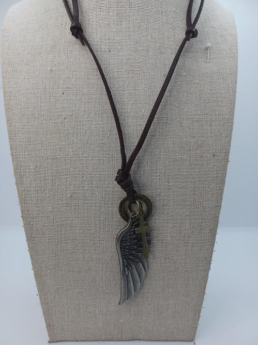 Silver Angel Wing Leather Adjustable Necklace