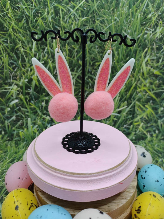Easter Bunny Ears w/ Pink Pom Pom Earrings