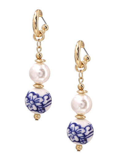 Gold Dainty Hoop Earrings w/ White & Blue Clay & Pearl Beaded Design