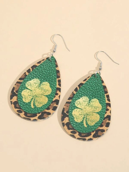 Green & Leopard Print Shamrock Earrings