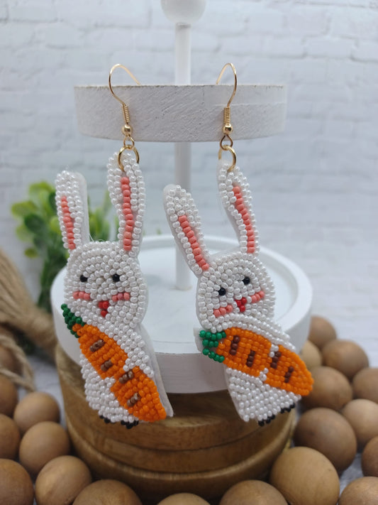 Easter Bunny Rabbit Holding a Carrot Sea Beaded Earrings