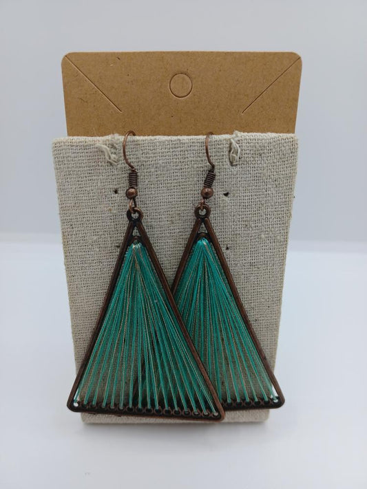 Brass Triangle Shaped Earrings w/ Green Threaded Detail