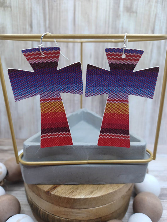 Blue & Multicolored Cross Leather Style Earrings