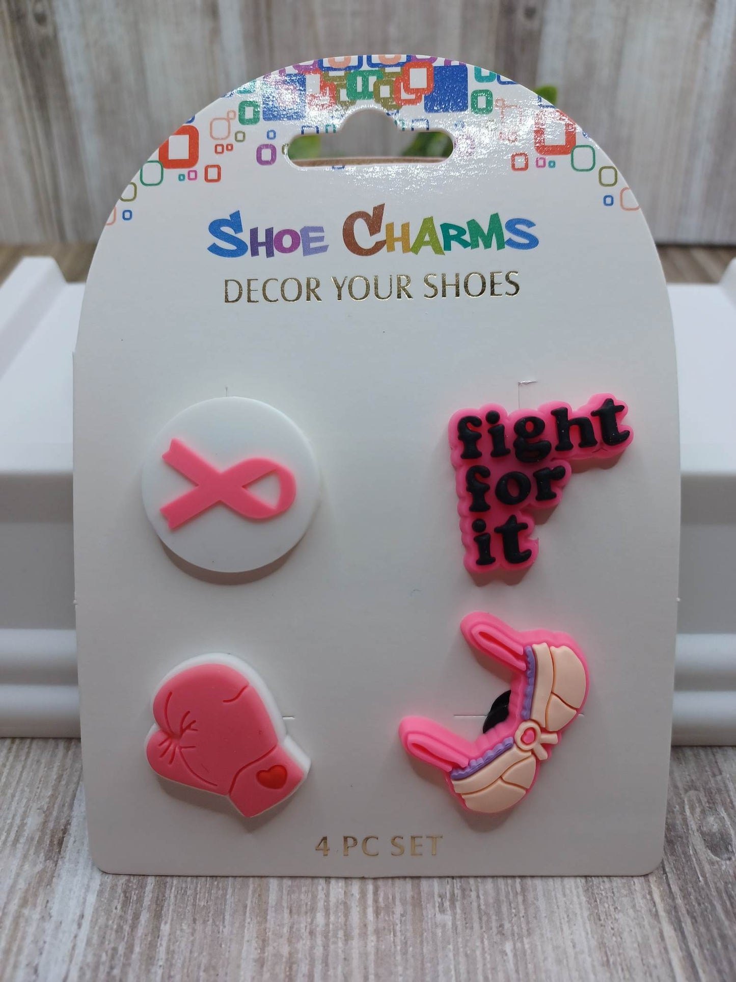 Pink Ribbon, Fight for it, Boxing Glove, & Tatas Shoe Charm Accessory Set