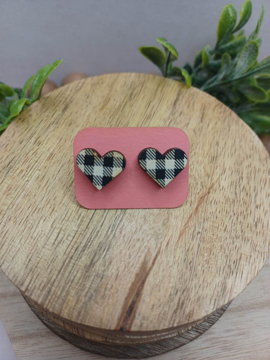 Black & White Plaid Wooden Heart Earrings