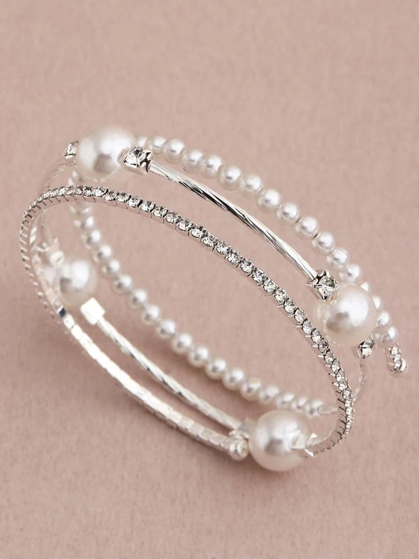 White Pearl & Rhinestone Coil Bracelet