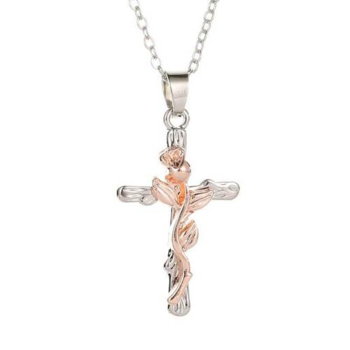 Cross Necklace w/ Rose Gold Flower