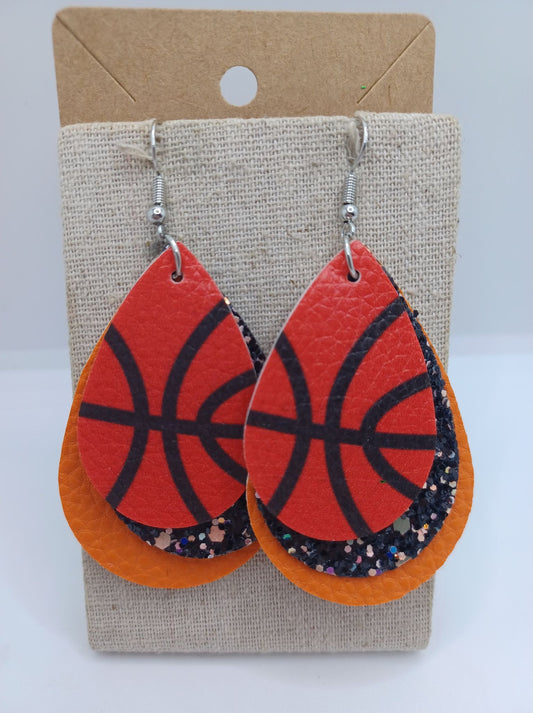 Triple Layered Basketball Earrings w/ Orange & Black Multicolored Glitter