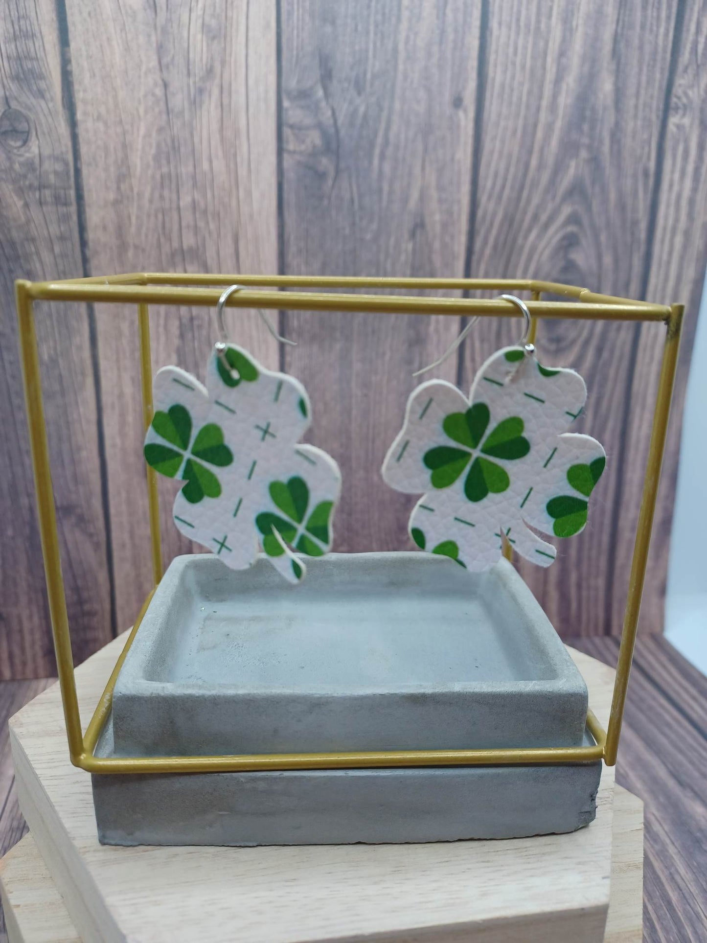 White Leather Style Stitch Shamrock Earrings