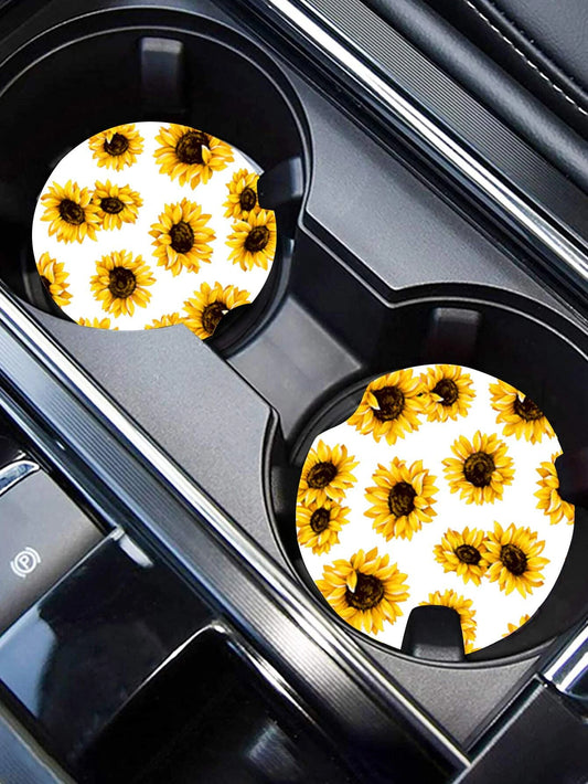 White Sunflower Car Coaster Set