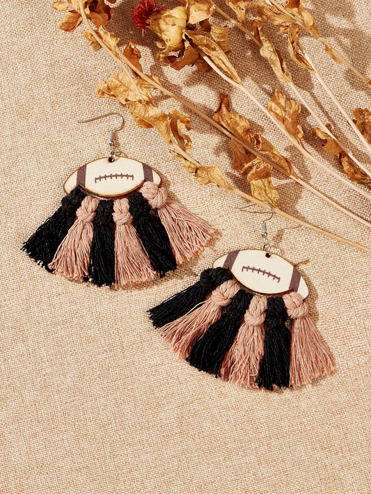 Wooden & Tassel Football Earrings